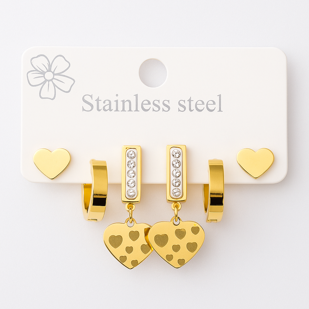 Golden Charm 3-in-1 Stainless Steel Earring Set