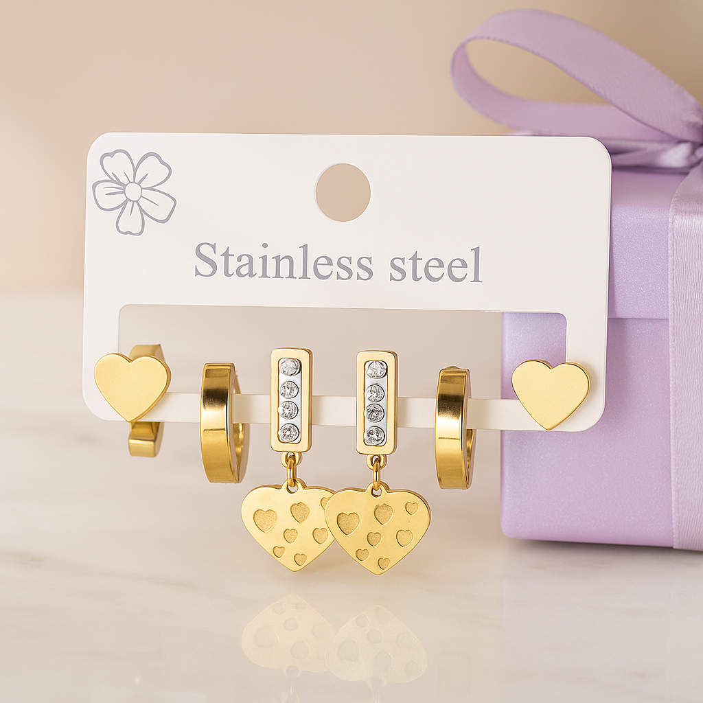Golden Charm 3-in-1 Stainless Steel Earring Set