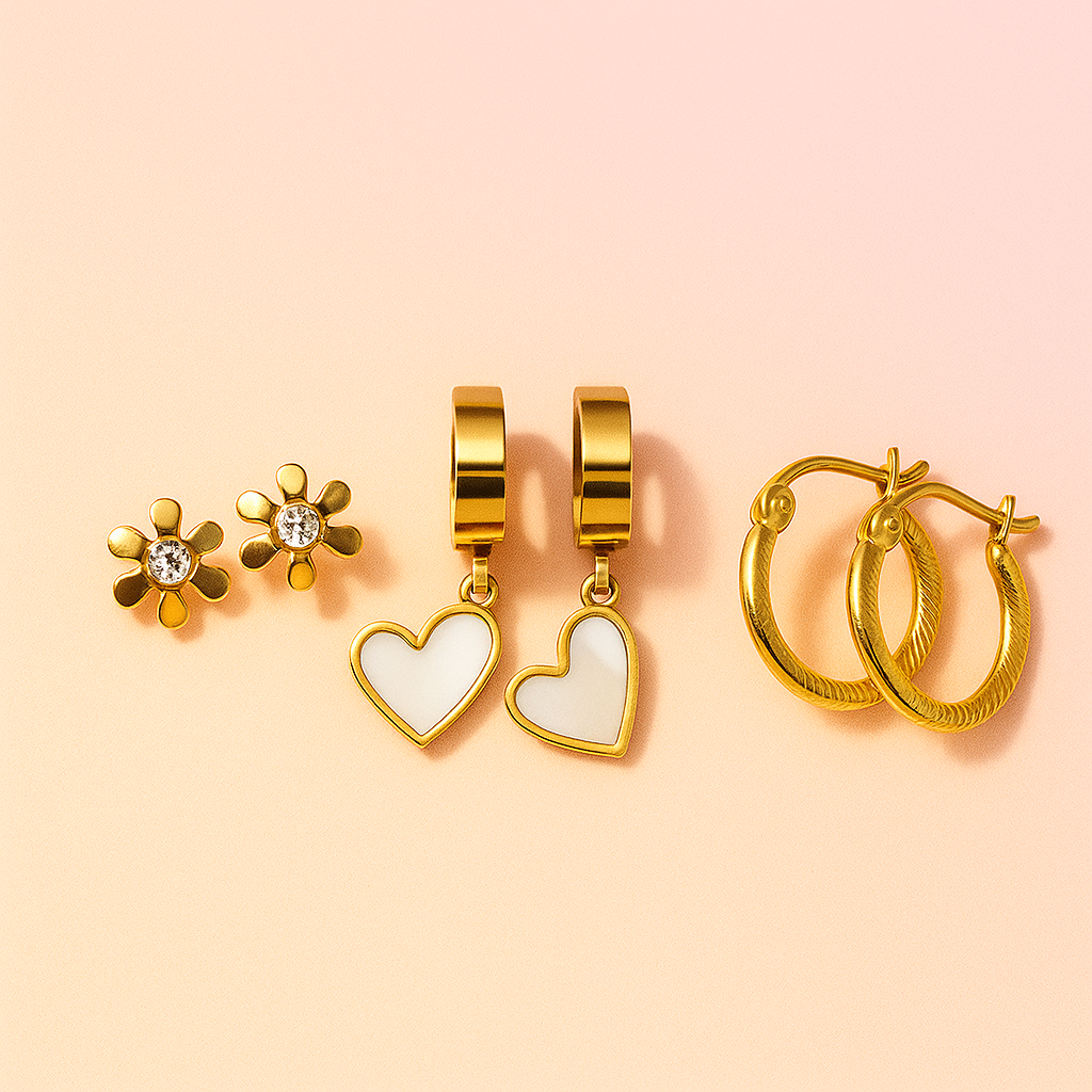 Golden Bloom Trio – 3-in-1 Earring Set