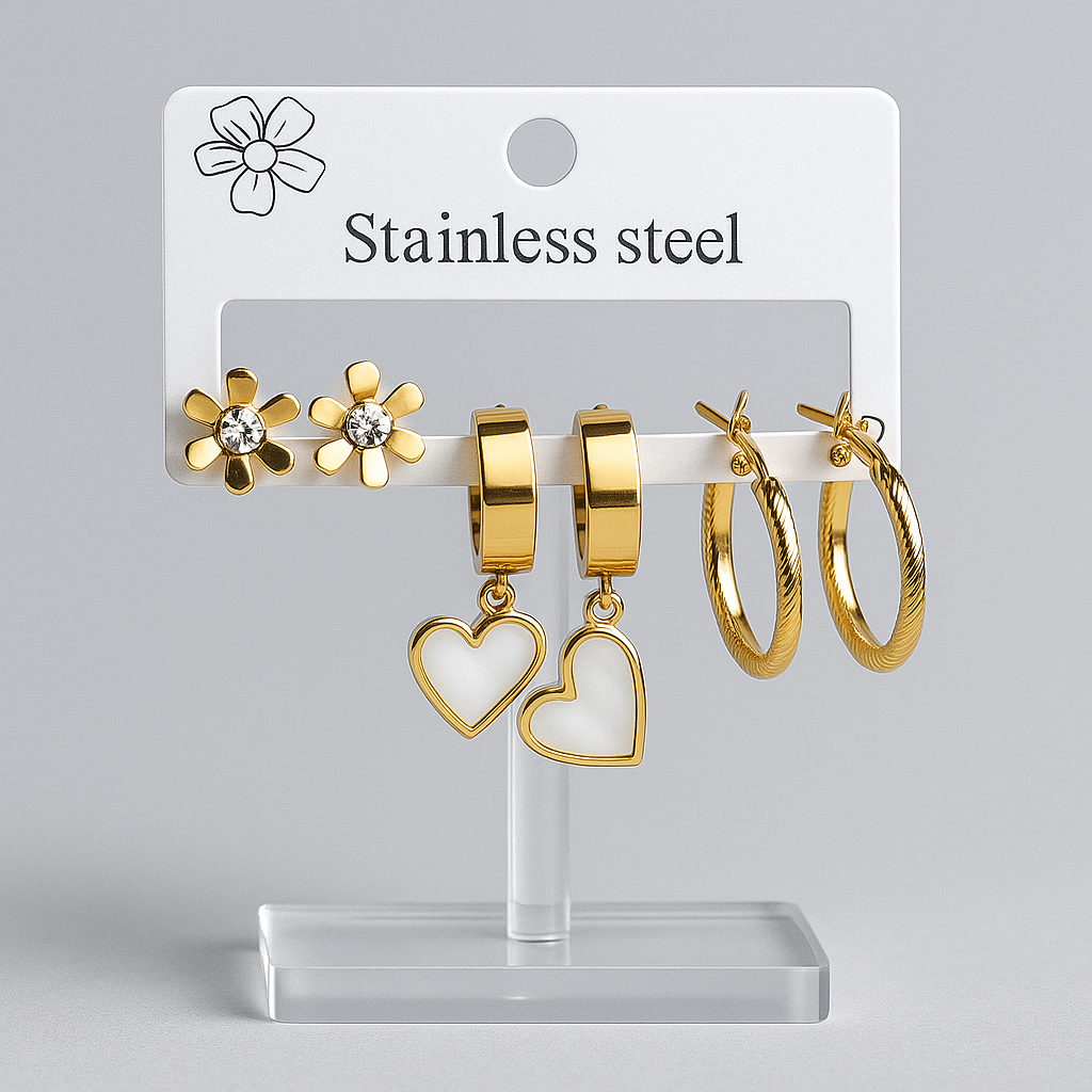 Golden Bloom Trio – 3-in-1 Earring Set