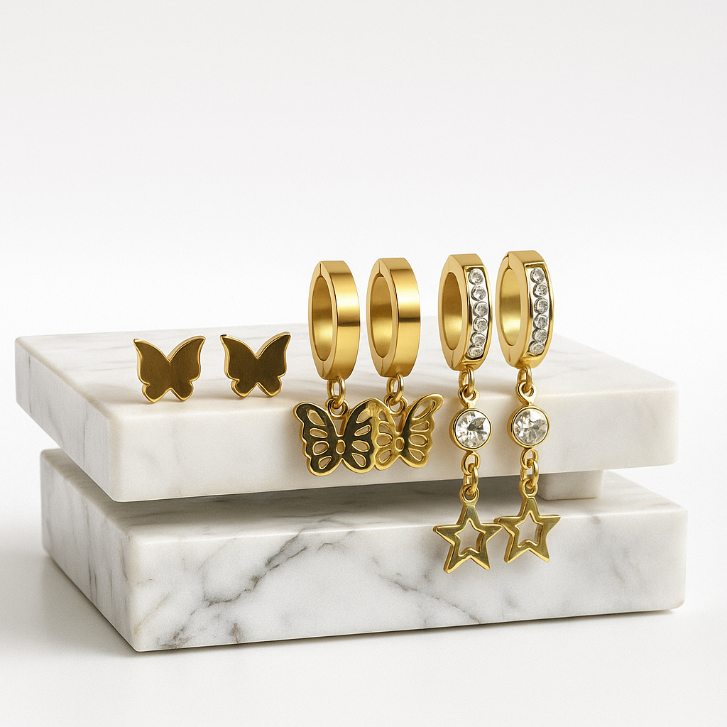 Starlit Wings – 3-in-1 Golden Earring Set