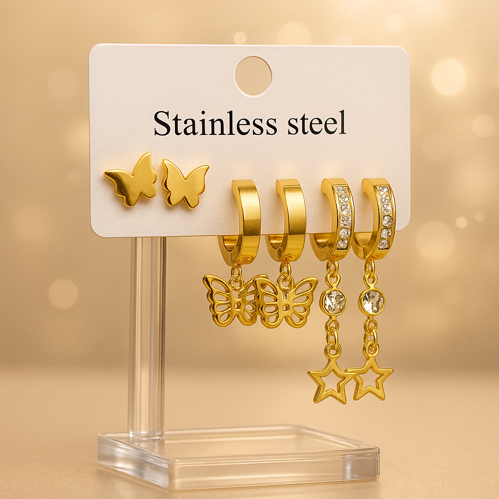 Starlit Wings – 3-in-1 Golden Earring Set
