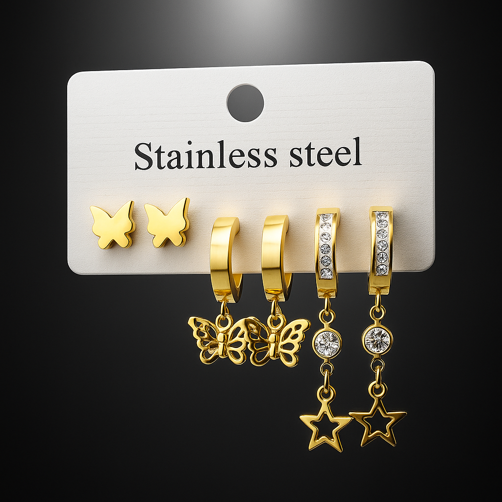 Starlit Wings – 3-in-1 Golden Earring Set