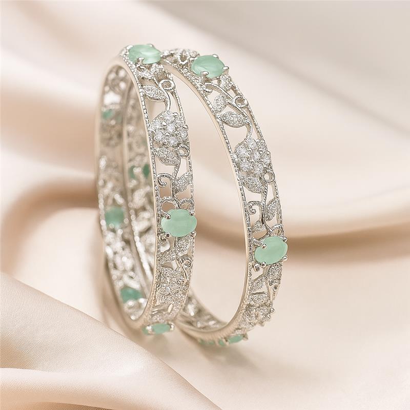 Elegant Jade Bangles - Sterling Silver Plated Artificial Jade and Diamond Studded Bangle Pair