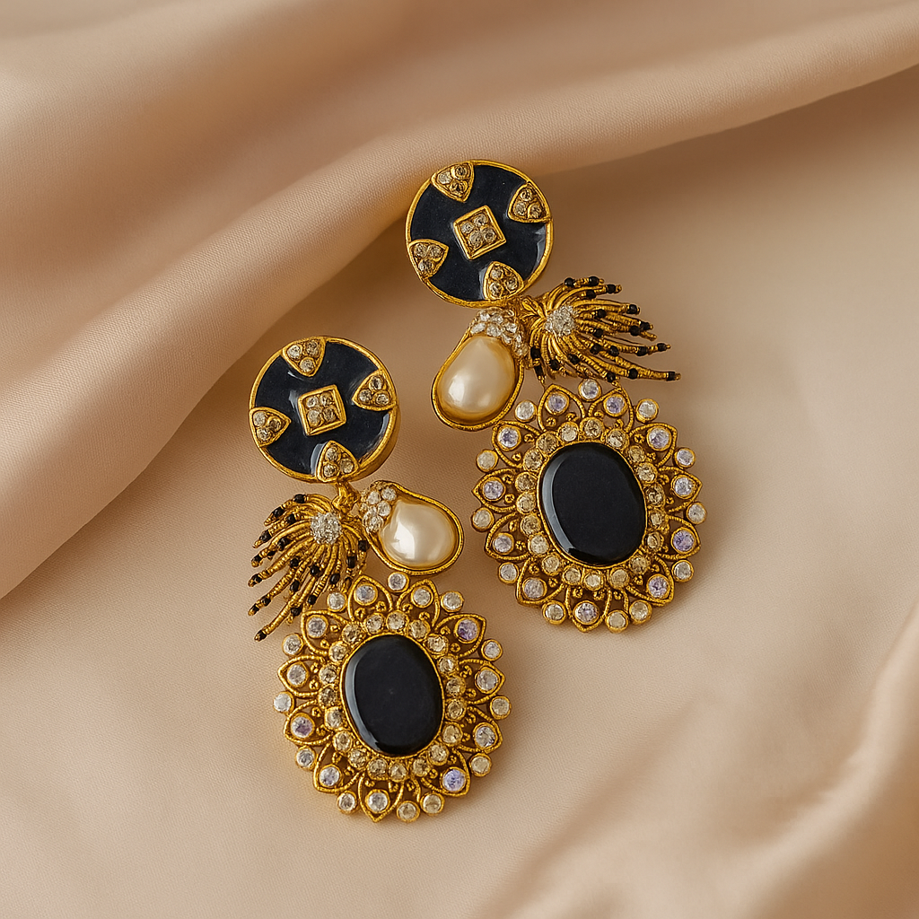 Elegant Black Onyx Dangle Earrings - Gold Tone Artificial Jewellery