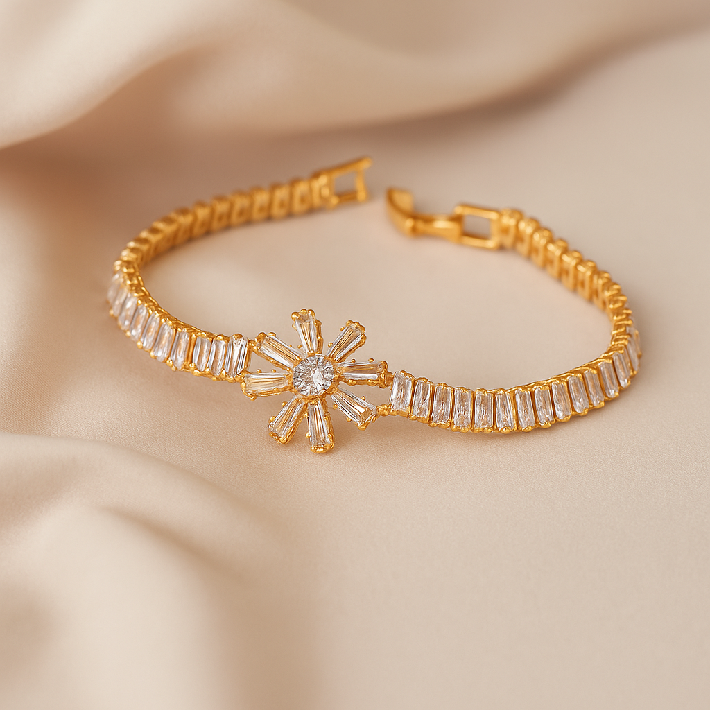 Elegance Bloom Gold-Toned Bracelet with Cubic Zirconia Flower Charm