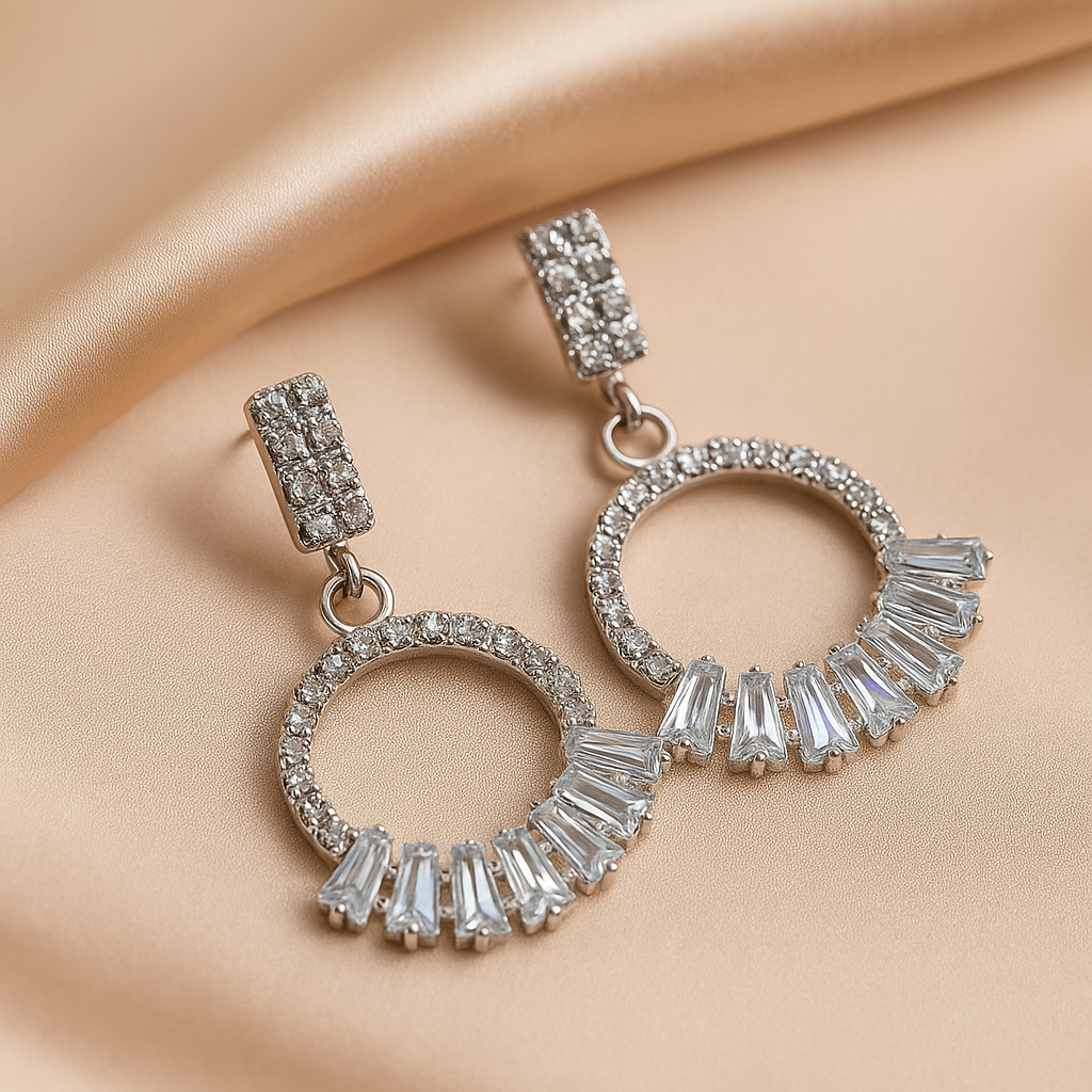 Elegant Circle Drop Earrings - Silver Tone with Crystal Stones