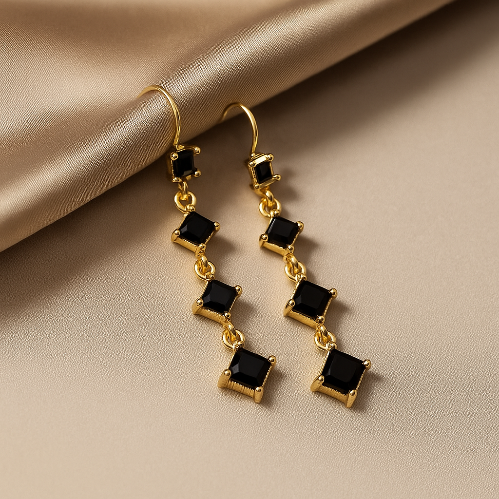 Elegant Black Onyx Dangle Earrings - Gold Tone Artificial Jewelry