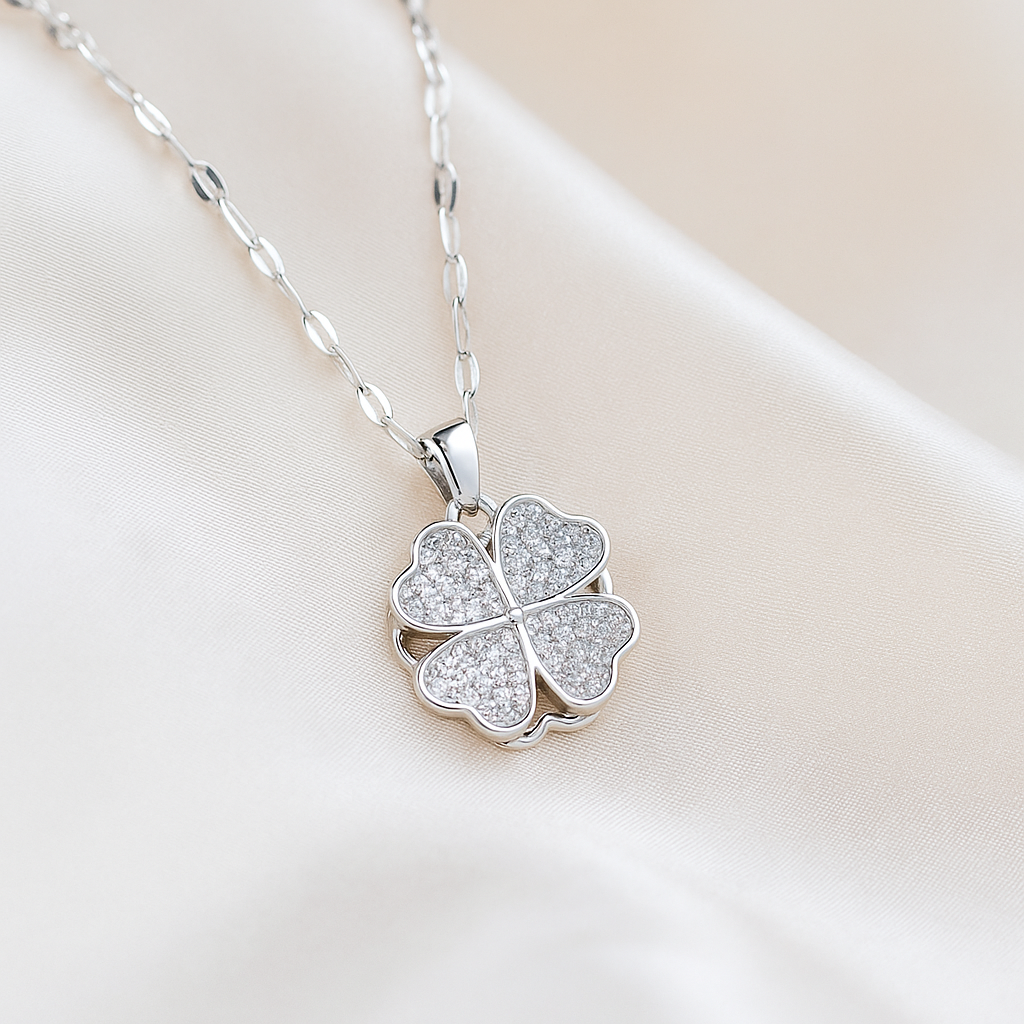 Lucky Four-Leaf Clover Necklace - Sterling Silver Plated with Cubic Zirconia