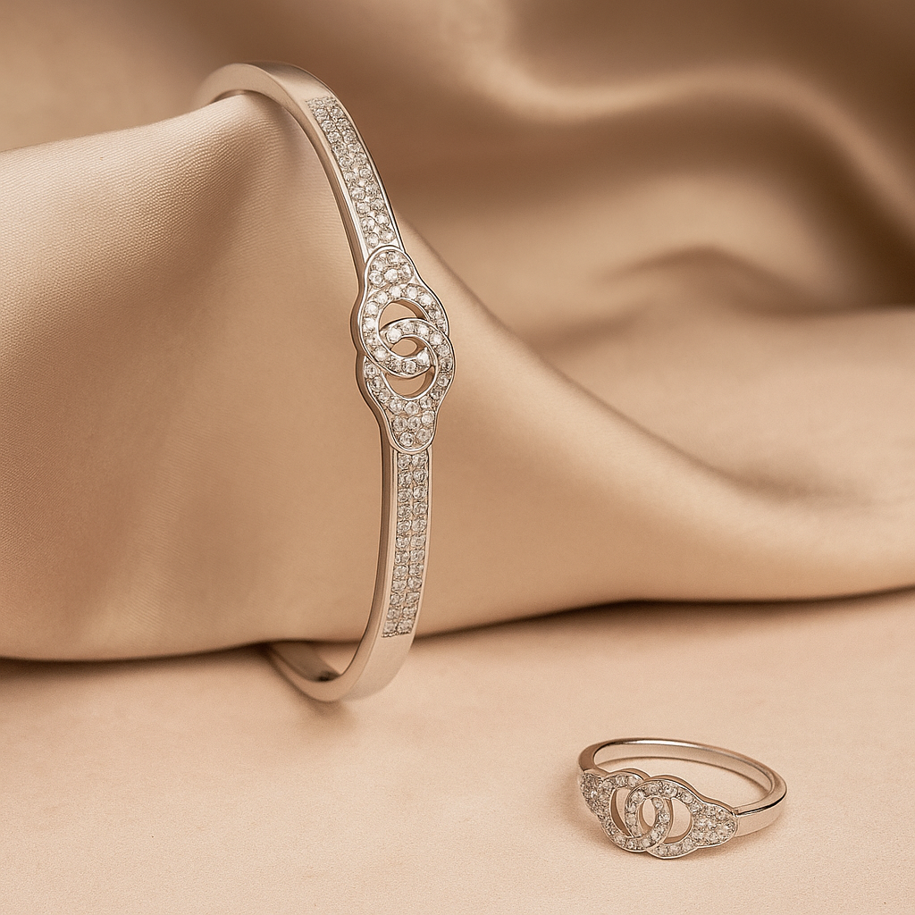 Elegance Duo: Silver-Toned Diamond-Accented Bangle and Ring Set