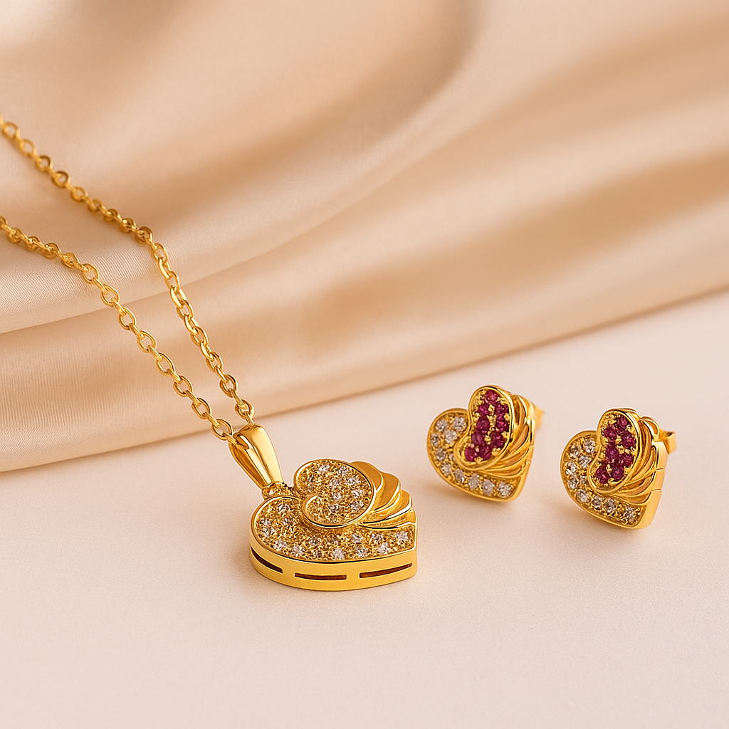 Elegant Heart Jewelry Set - Gold Plated with Artificial Stones