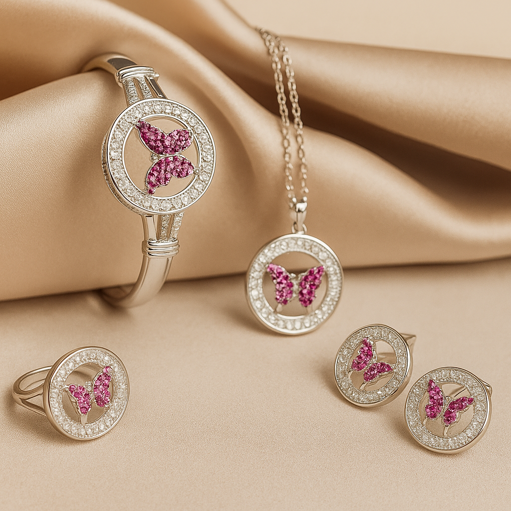 Elegant Butterfly Jewelry Set - Pink & Silver