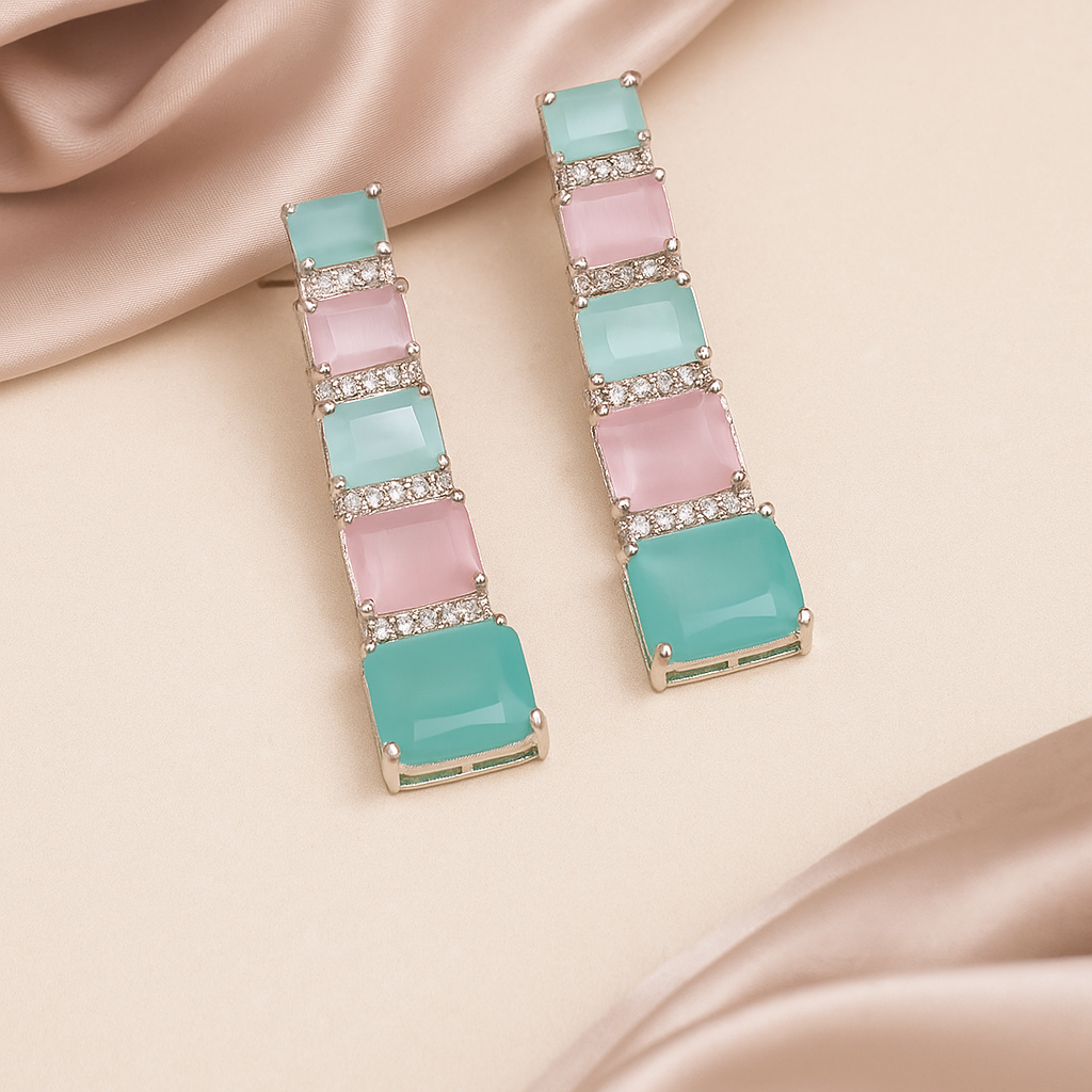 Pastel Paradise Earrings - Soft Pink and Blue with American Diamond Zircon Accents