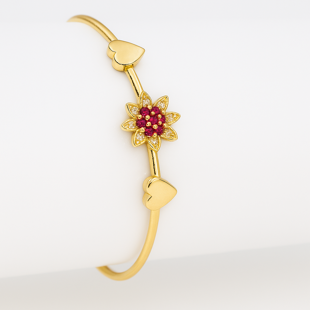 Golden Floral Blossom Bracelet - Artificial Ruby and Diamond Zirconia Stones