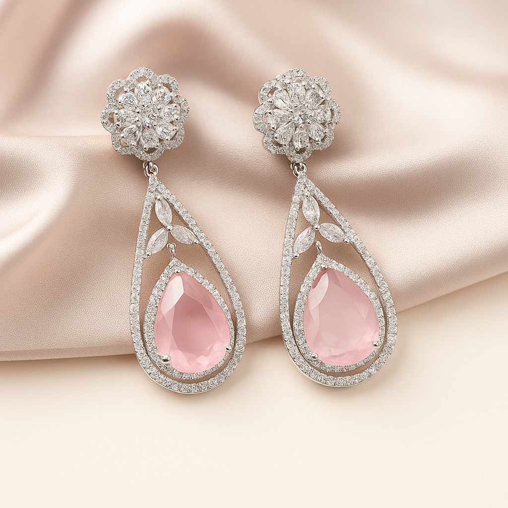 Blushing Elegance: Pink Teardrop American Diamond Zircon Earrings