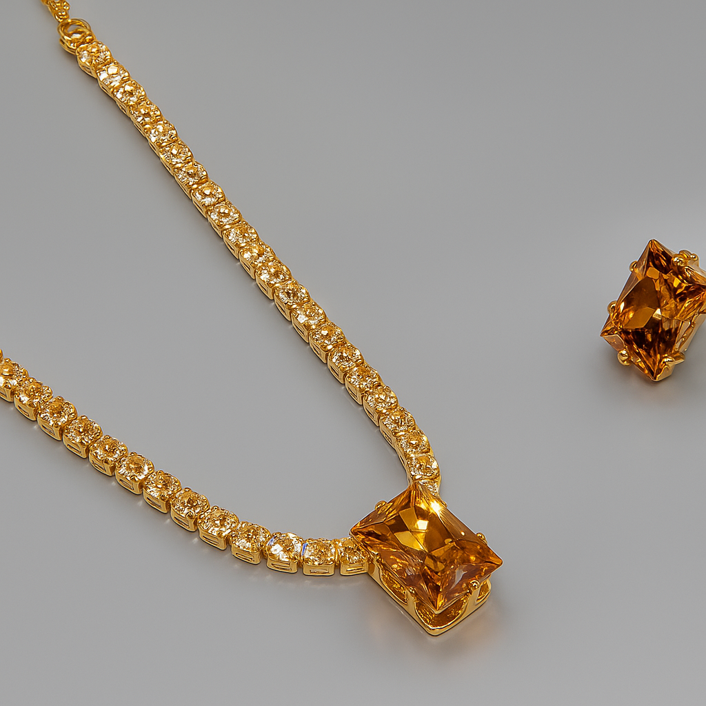Golden Amber Gemstone Necklace and Earring Set