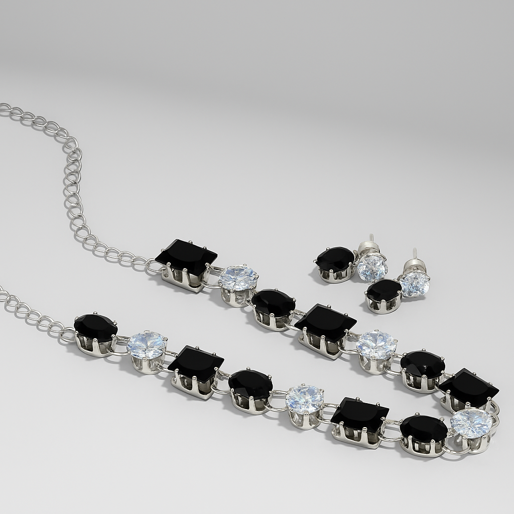 Midnight Elegance Necklace and Earring Set - Silver Toned with Onyx and Crystal Accents
