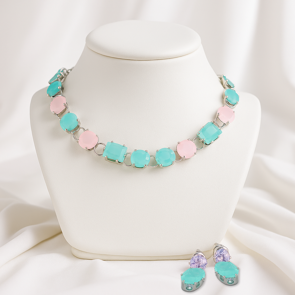 Pastel Bliss Bracelet and Earring Set - Silver Toned with Pink and Blue Accents