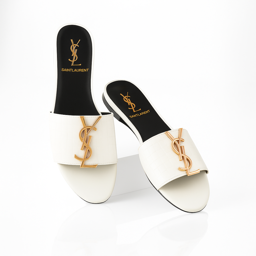 Saint Laurent White Croc-Embossed Mules