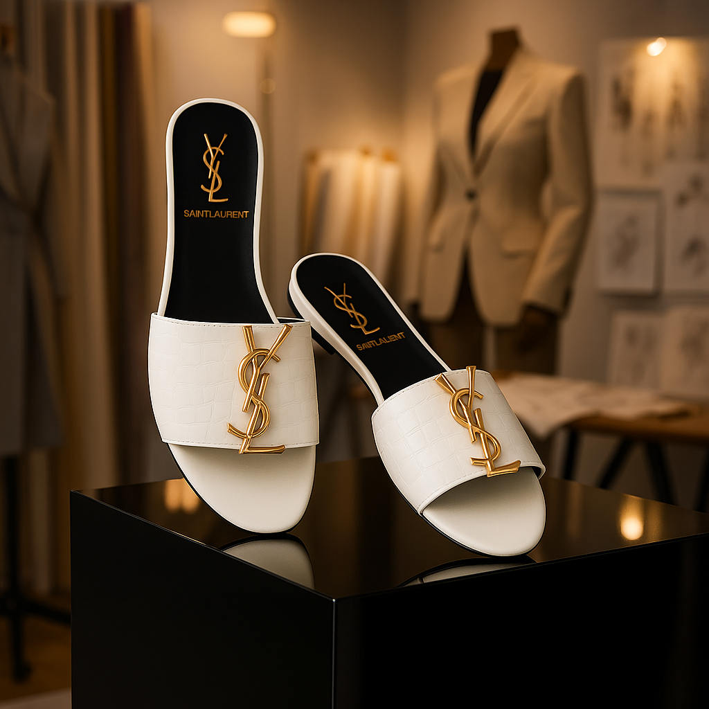Saint Laurent White Croc-Embossed Mules