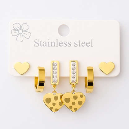 Golden Charm 3-in-1 Stainless Steel Earring Set