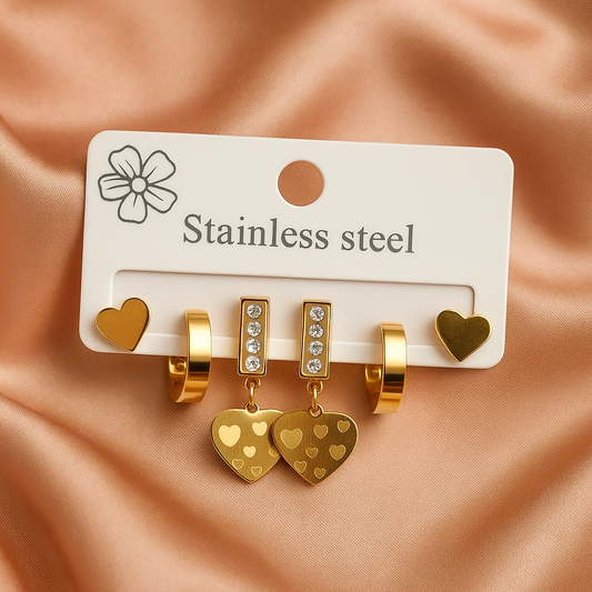Golden Charm 3-in-1 Stainless Steel Earring Set