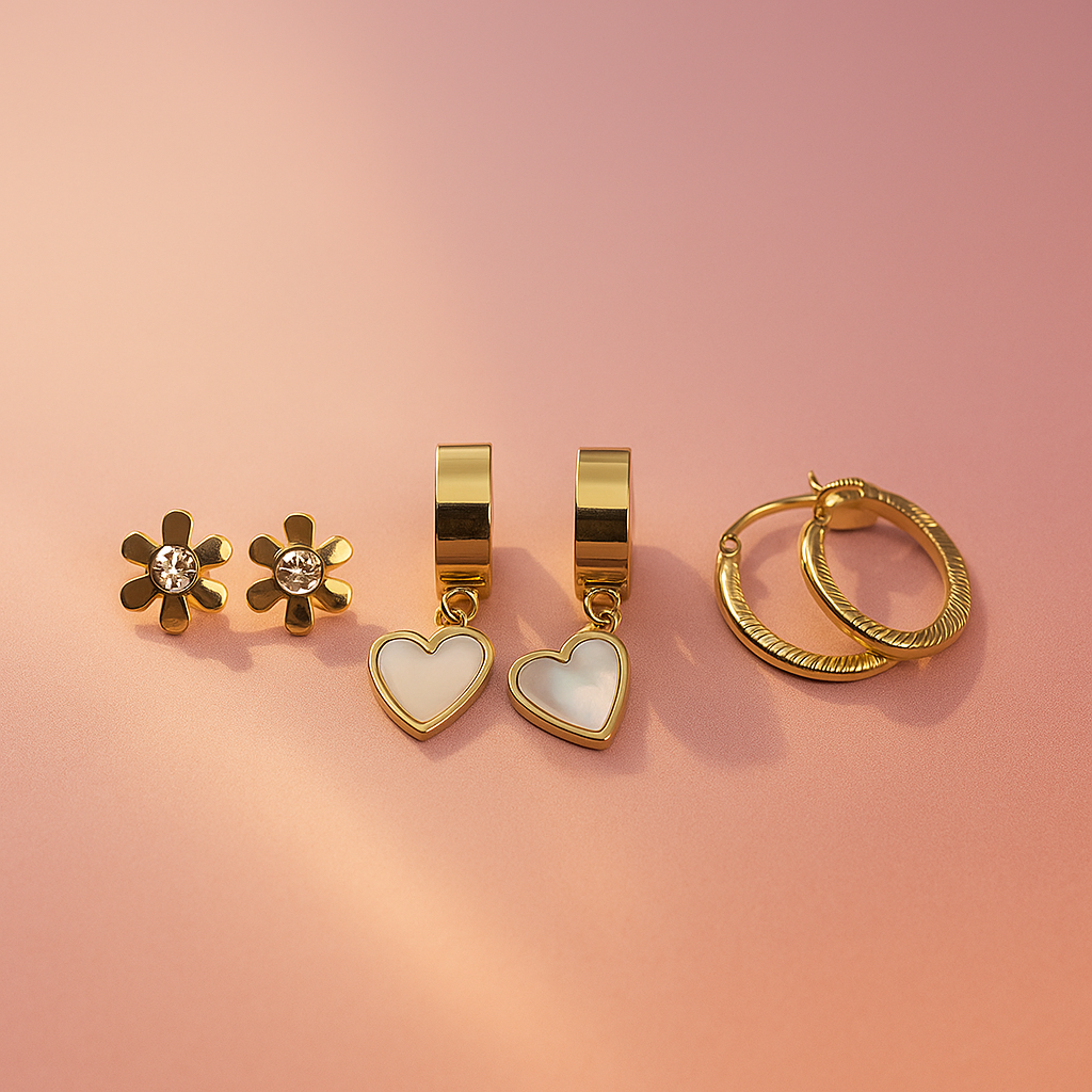 Golden Bloom Trio – 3-in-1 Earring Set