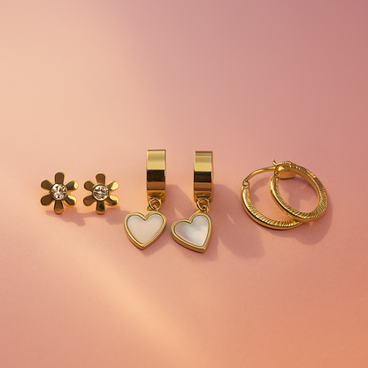 Golden Bloom Trio – 3-in-1 Earring Set