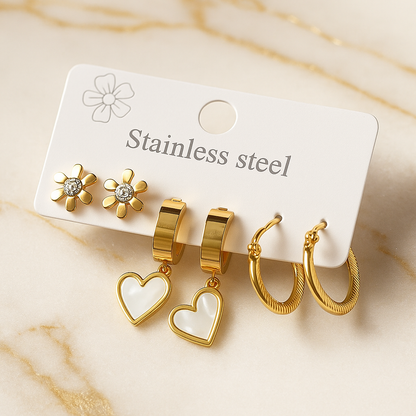 Golden Bloom Trio – 3-in-1 Earring Set