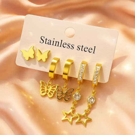 Starlit Wings – 3-in-1 Golden Earring Set