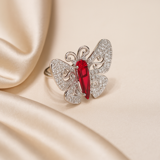 Elegance Unfolds: Black Butterfly Ring Red