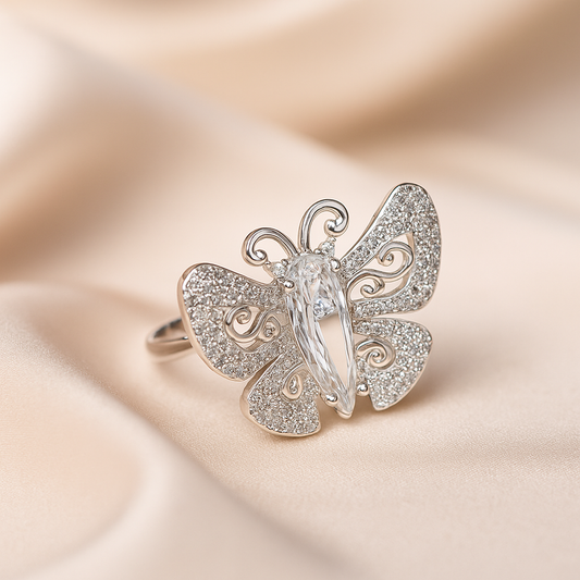 Elegance Unfolds: Black Butterfly Ring Silver