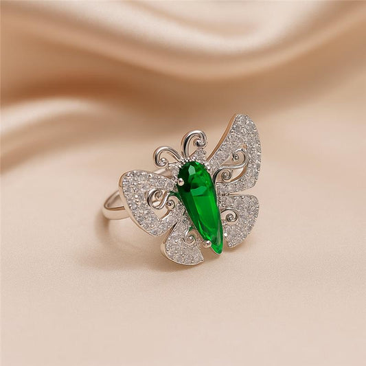 Elegance Unfolds: Black Butterfly Ring Green