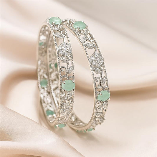 Elegant Jade Bangles - Sterling Silver Plated Artificial Jade and Diamond Studded Bangle Pair