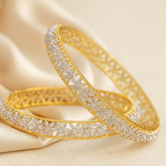 Elegant Floral Gold Bangles with Cubic Zirconia Stones