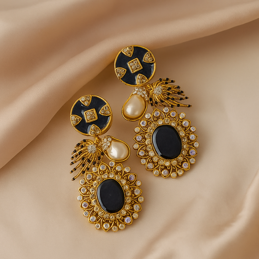 Elegant Black Onyx Dangle Earrings - Gold Tone Artificial Jewellery
