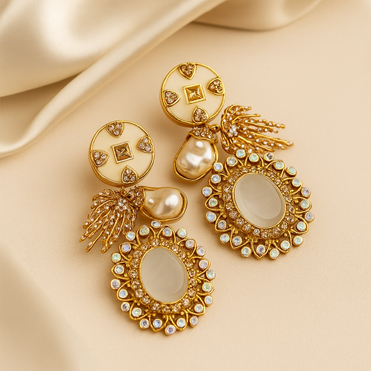 Elegant Pearl Drop Earrings - Gold Tone with Crystal Accents
