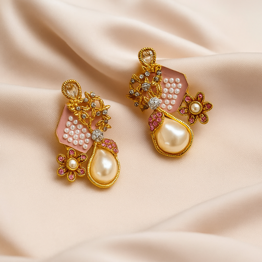 Elegant Pearl Drop Earrings - Pink Floral Delight