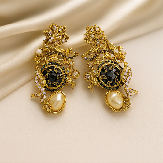 Elegant Gold-Toned Earrings with Black and White Stones
