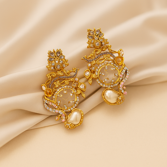 Elegant Kundan Earrings - Golden Pearl Drop