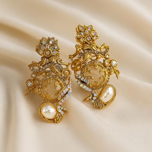 Elegant Pearl Drop Earrings - Gold Tone with Crystal Accents