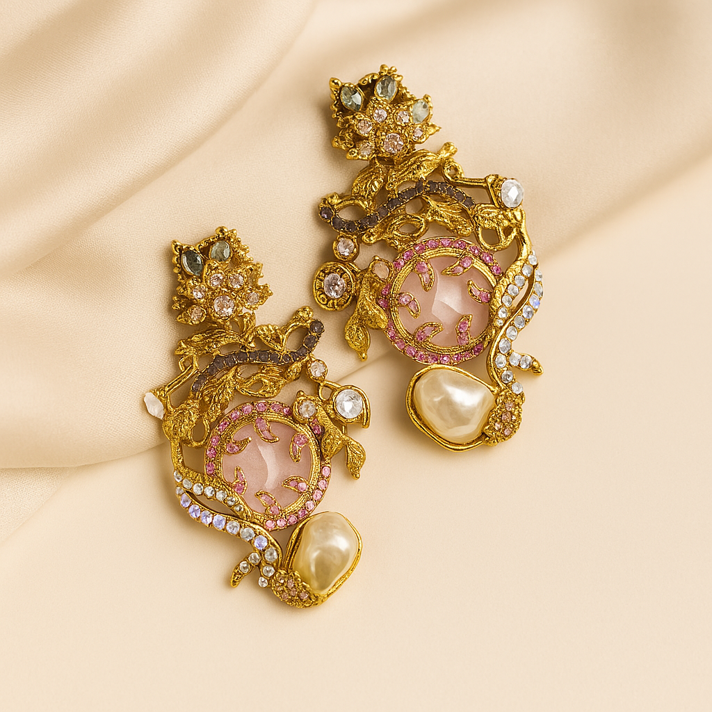 Elegant Rose Quartz Earrings - Artificial Palki Jewellery