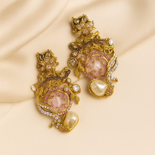 Elegant Rose Quartz Earrings - Artificial Palki Jewellery