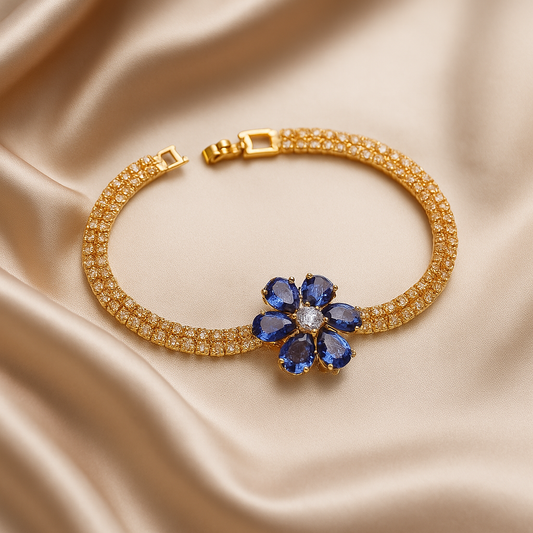 Elegance Bloom Gold-Toned Bracelet with Blue and White Cubic Zirconia