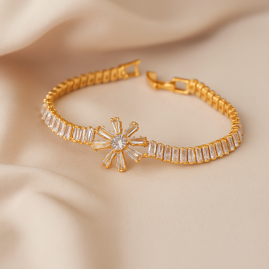 Elegance Bloom Gold-Toned Bracelet with Cubic Zirconia Flower Charm