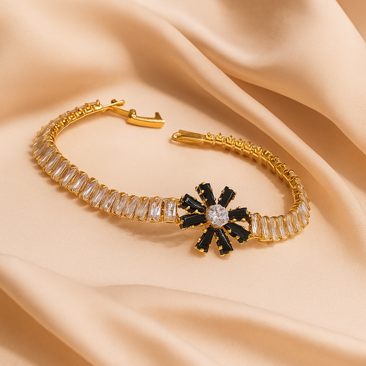 Elegance Bloom Gold-Toned Bracelet with Black and White Cubic Zirconia