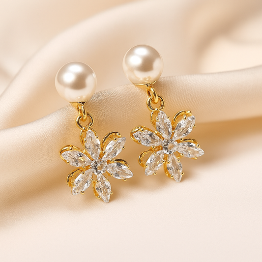Elegant Pearl Floral Dangle Earrings - Gold Tone with Crystal Details