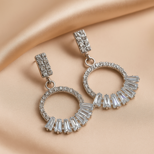 Elegant Circle Drop Earrings - Silver Tone with Crystal Stones