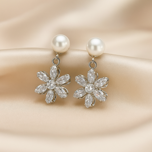 Elegant Pearl Drop Earrings with Crystal Floral Dangle - Artificial Jewelry
