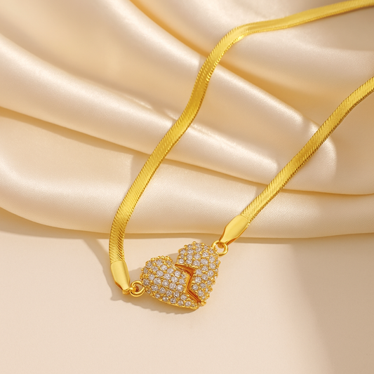Golden Heart Pendant Necklace with Cubic Zirconia Stones